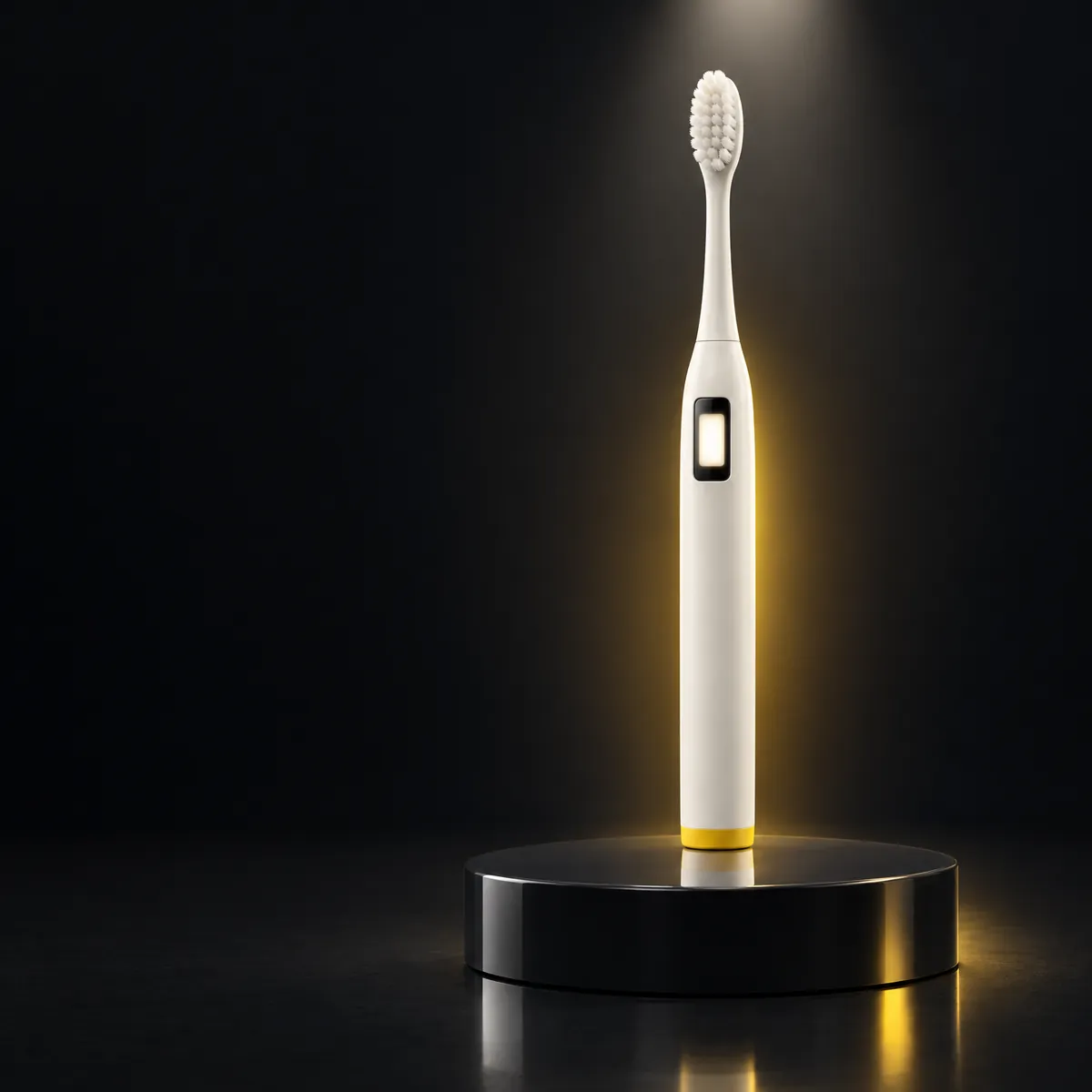 A white electric toothbrush with a small lit screen on the handle and a yellow base, on a black pedestal