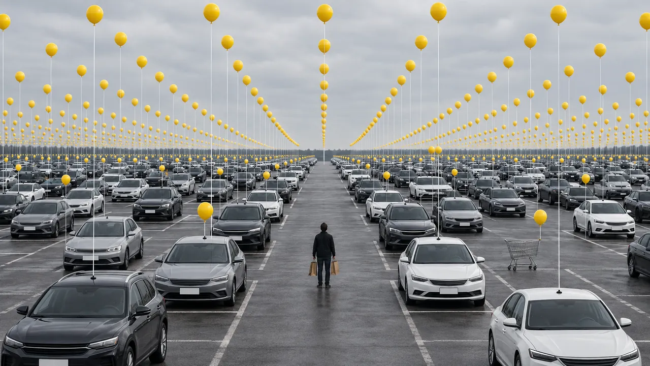 A man holding two shopping bags stands in a parking lot aisle where every car has a round yellow balloon above it
