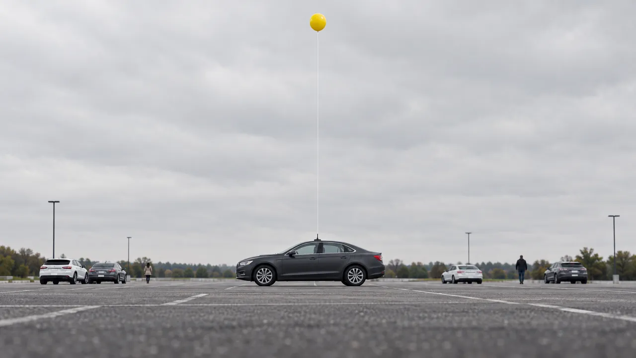 A grey sedan in a wide, near-empty parking lot, one round yellow balloon on a long white line rising from its roof
