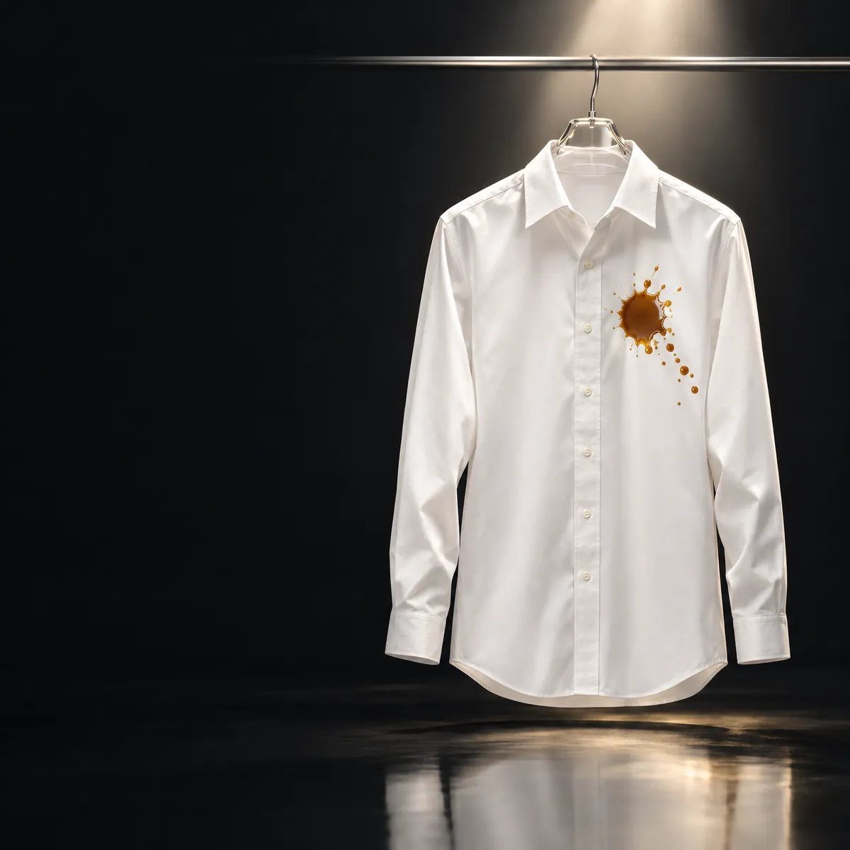 A white dress shirt on a clear hanger, a brown coffee stain splashed across the chest, against a black backdrop