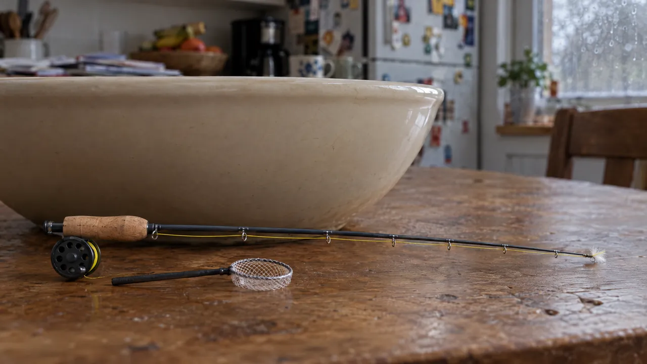 A miniature fly rod with a cork grip, a black reel and a yellow line ending in a small white fly, lying on a worn wooden kitchen table against a big cream mixing bowl, a landing net the size of a fingernail beside it and rain on the window behind
