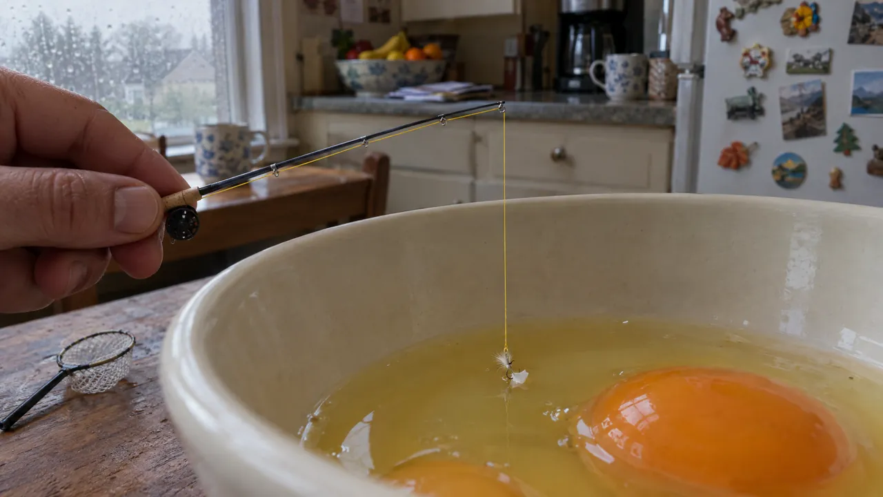 A hand holds the tiny fly rod over a bowl of cracked raw eggs, its yellow line running straight down to a small white fly hooked into a piece of eggshell, the fingernail-size landing net waiting on the table