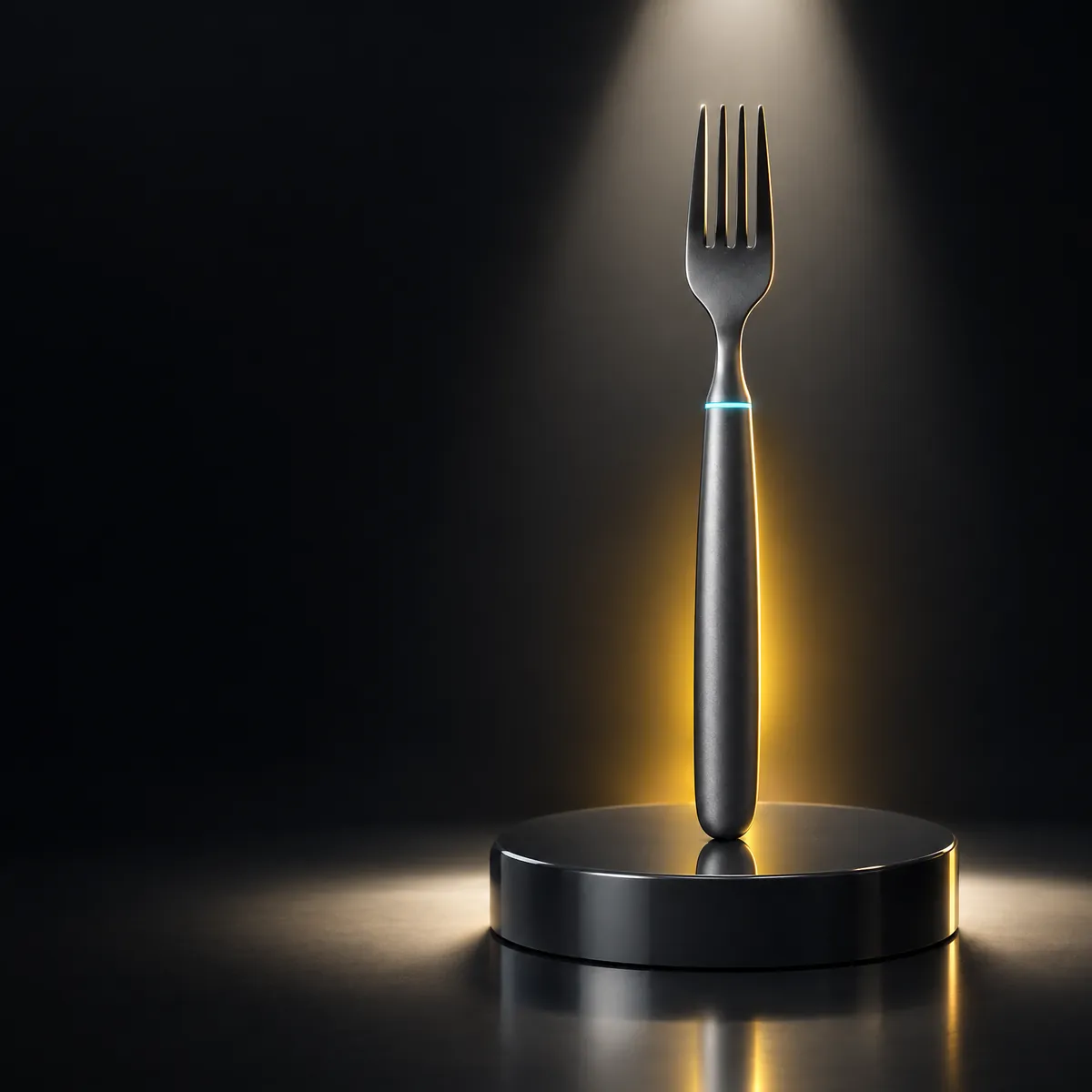 A dark metal fork with a thin glowing blue ring at its neck, standing upright on a black pedestal under a spotlight