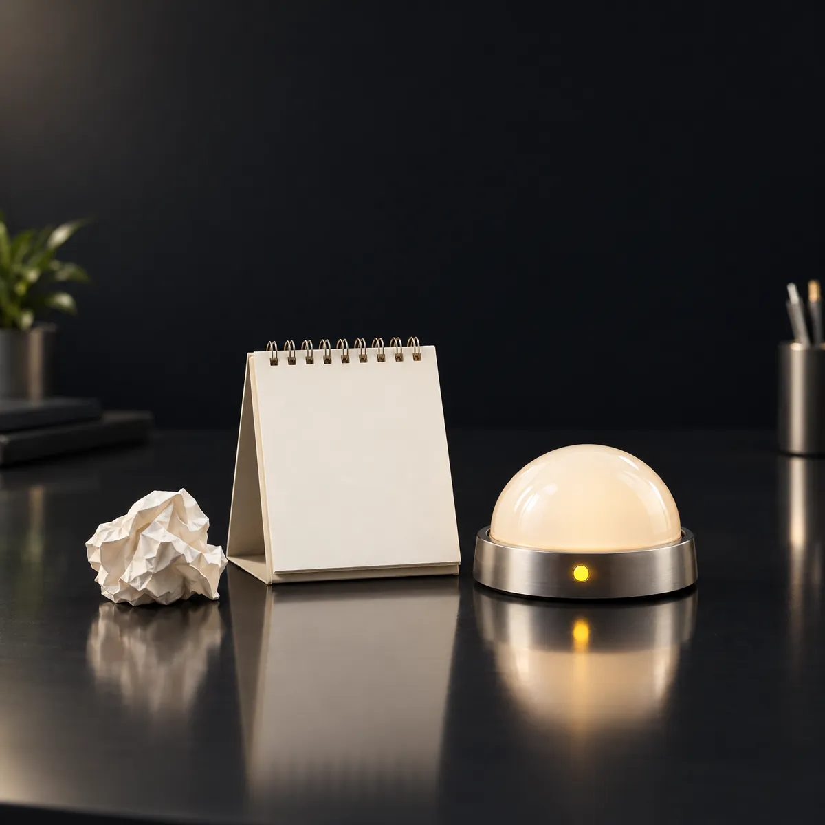 The dome button on a dark desk beside a blank flip calendar and a crumpled sheet of paper