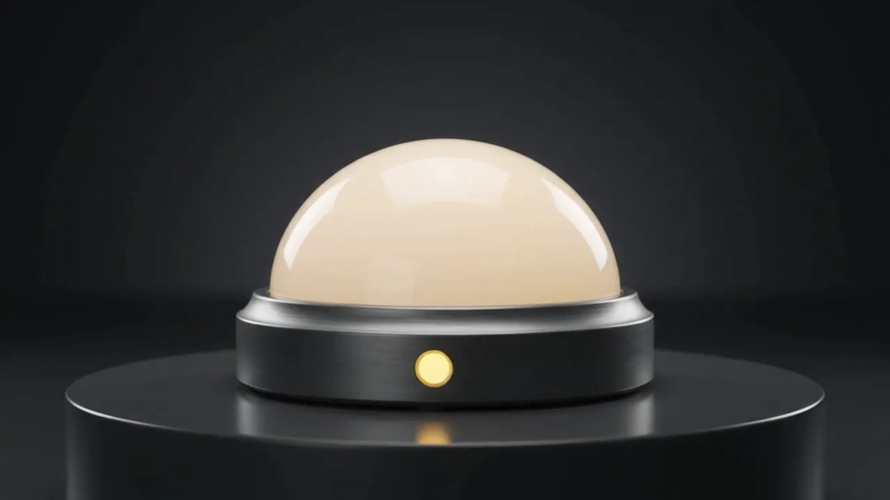 A large cream dome button on a brushed black metal base with a small yellow light, on a dark pedestal
